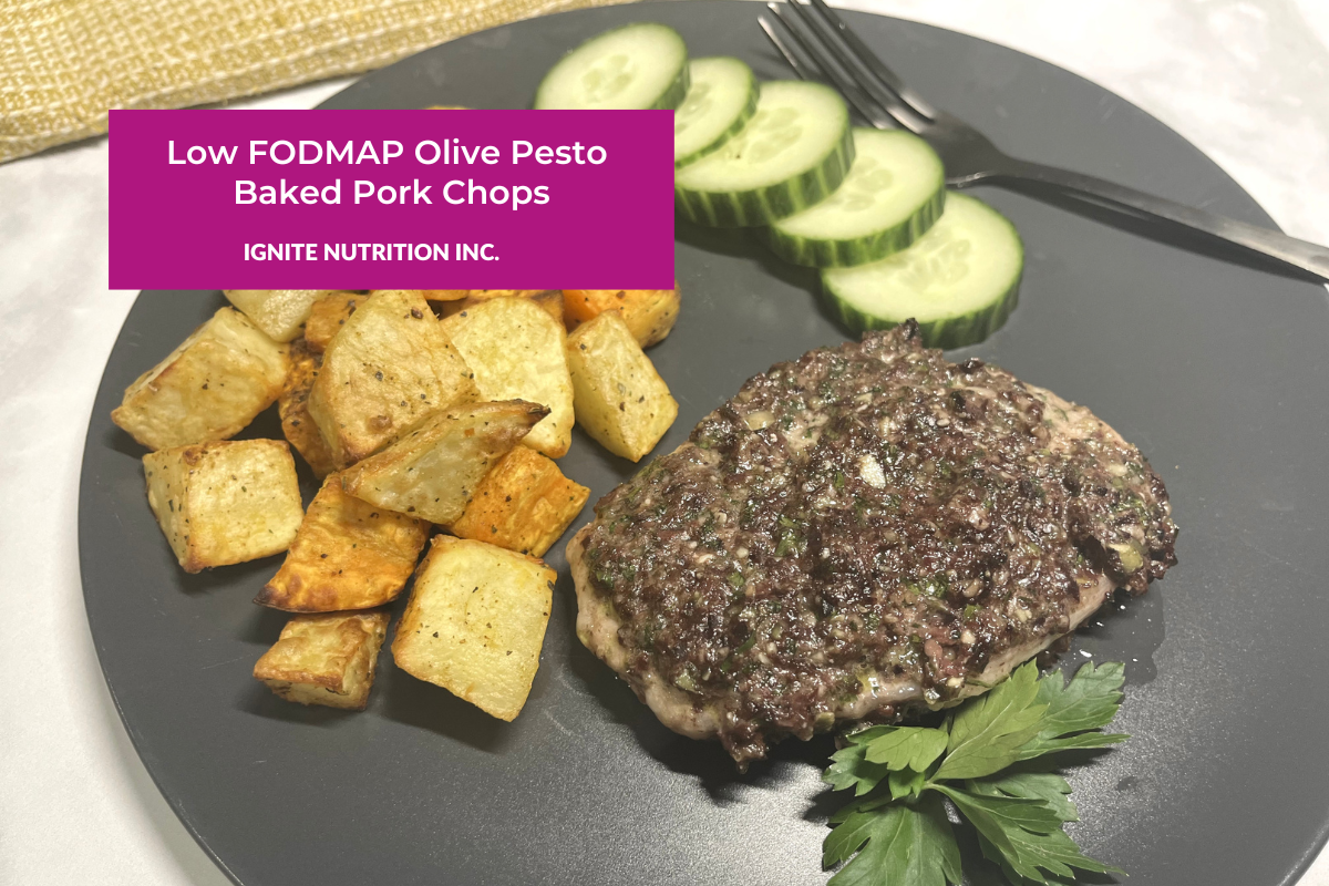 Low FODMAP Olive Pesto Baked Pork Chops Ignite Nutrition